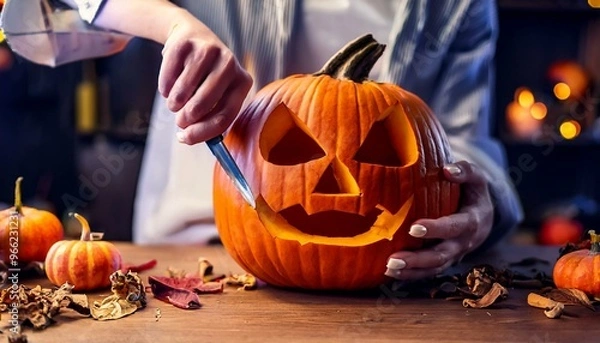 Fototapeta photo of Carving a pumpkin for halloween