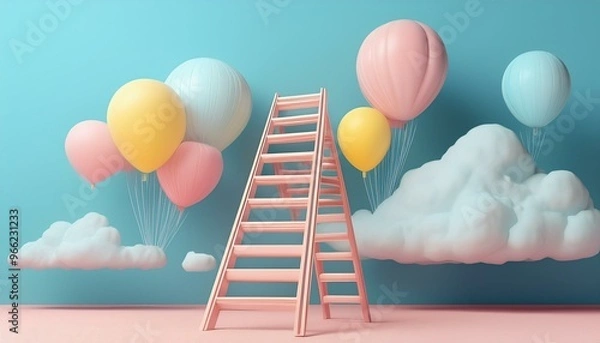 Fototapeta Pastel Skyward Journey with Ladder, Balloons, and Clouds for Growth, Development, and Future Aspirations Concept in Minimal Composition