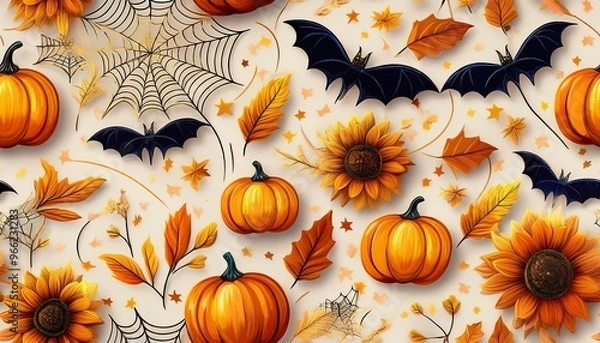 Fototapeta Seamless Fall Halloween Pattern with Glitter Pumpkins, Bats, Spider Webs, Sunflowers, and Autumn Leaves