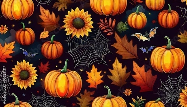 Fototapeta Seamless Fall Halloween Pattern with Glitter Pumpkins, Bats, Spider Webs, Sunflowers, and Autumn Leaves