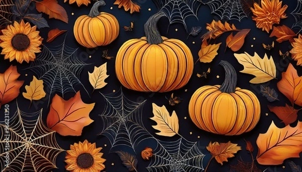 Fototapeta Seamless Fall Halloween Pattern with Glitter Pumpkins, Bats, Spider Webs, Sunflowers, and Autumn Leaves