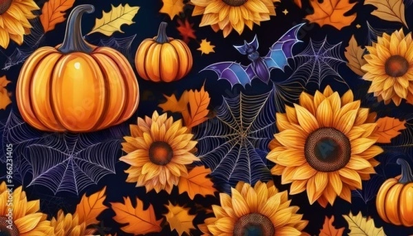 Fototapeta Seamless Fall Halloween Pattern with Glitter Pumpkins, Bats, Spider Webs, Sunflowers, and Autumn Leaves