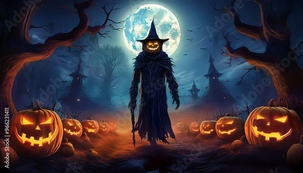 Fototapeta Sinister Halloween Figure with Jack-o'-Lanterns and Full Moon in Haunted Setting
