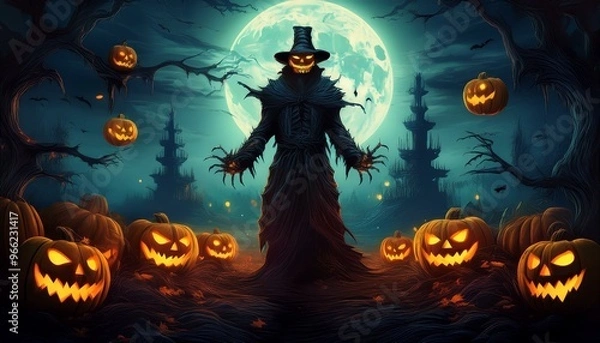 Fototapeta Sinister Halloween Figure with Jack-o'-Lanterns and Full Moon in Haunted Setting