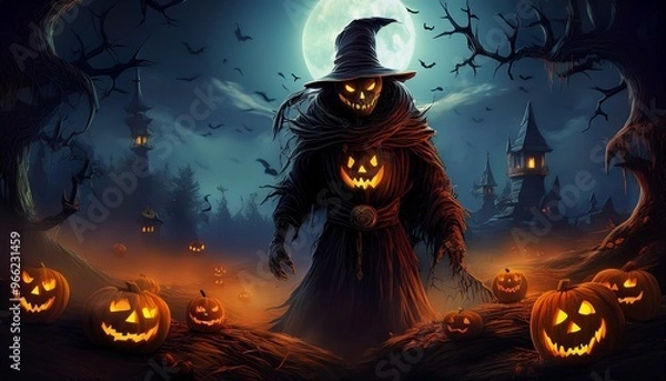 Fototapeta Sinister Halloween Figure with Jack-o'-Lanterns and Full Moon in Haunted Setting