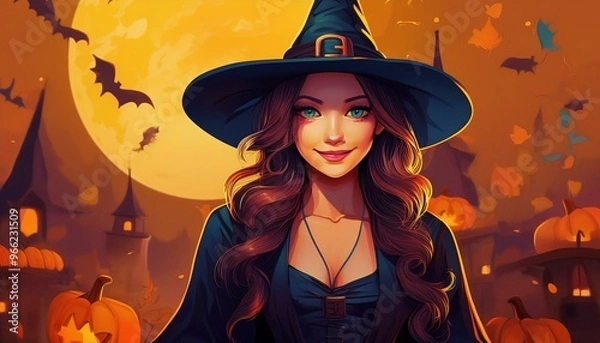 Fototapeta Spellbound Soiree Dressed in Witch Costume for Halloween Festivities