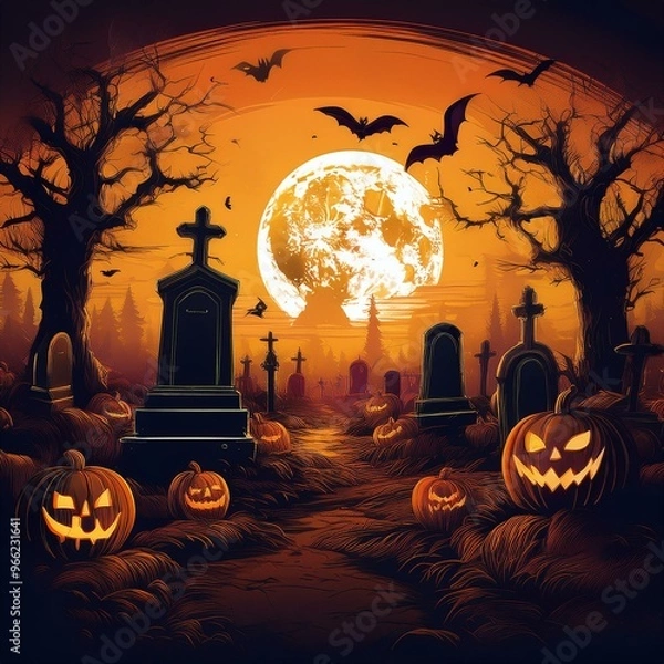 Fototapeta Spooky Halloween Night Cemetery Scene with Full Moon, Jack-O'-Lanterns, and Bats Against an Orange Sky