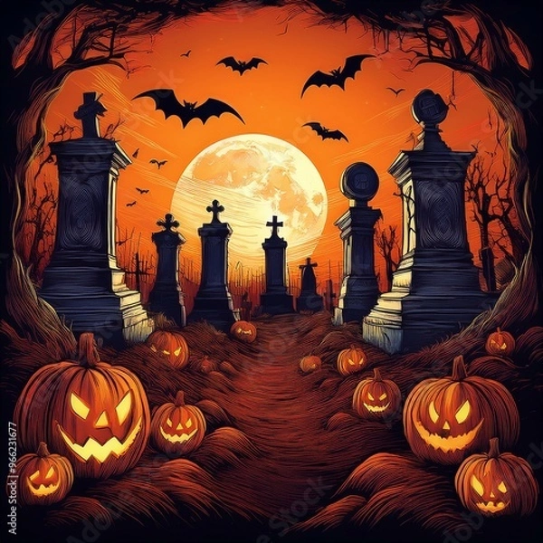 Fototapeta Spooky Halloween Night Cemetery Scene with Full Moon, Jack-O'-Lanterns, and Bats Against an Orange Sky