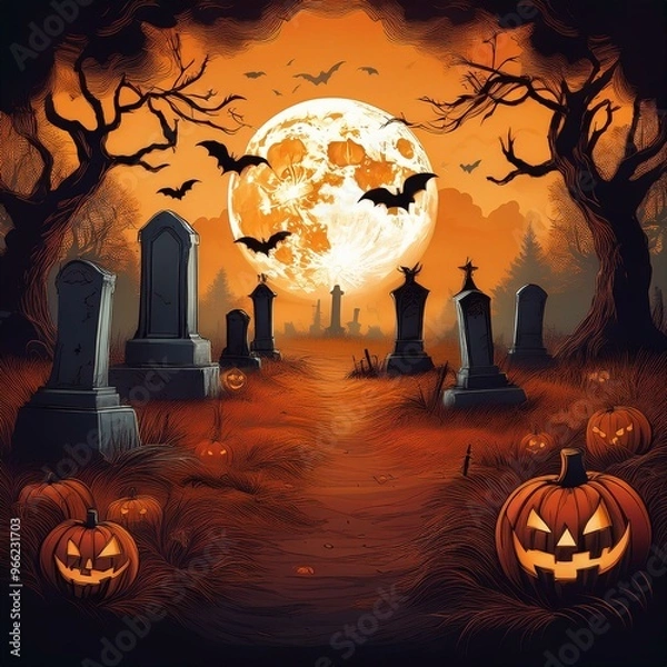 Fototapeta Spooky Halloween Night Cemetery Scene with Full Moon, Jack-O'-Lanterns, and Bats Against an Orange Sky