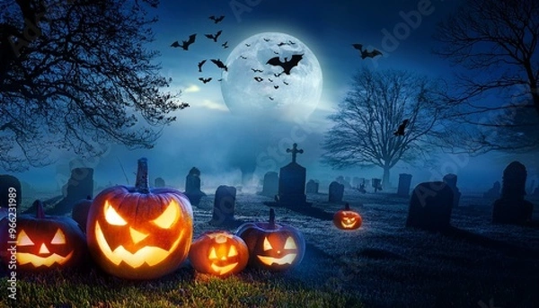 Fototapeta Spooky Halloween Night with Jack-O'-Lanterns in a Moonlit Graveyard, Eerie Atmosphere with Glowing Pumpkins, Bats, and Creepy Misty Surroundings, Perfect Halloween Backdrop for Seasonal Videos