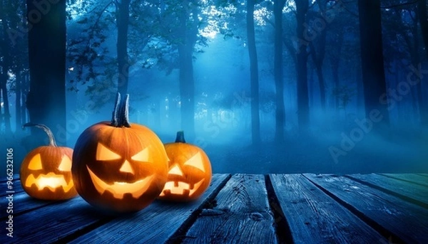 Fototapeta Spooky Halloween Pumpkins Glowing on Wooden Deck in Mysterious Night Forest with Blue Fog and Fallen Leaves, Eerie Fall Atmosphere
