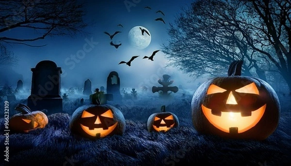 Fototapeta Spooky Halloween Night with Jack-O'-Lanterns in a Moonlit Graveyard, Eerie Atmosphere with Glowing Pumpkins, Bats, and Creepy Misty Surroundings, Perfect Halloween Backdrop for Seasonal Videos
