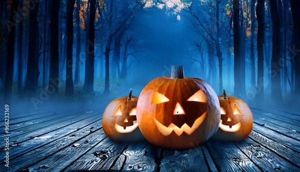 Fototapeta Spooky Halloween Pumpkins Glowing on Wooden Deck in Mysterious Night Forest with Blue Fog and Fallen Leaves, Eerie Fall Atmosphere