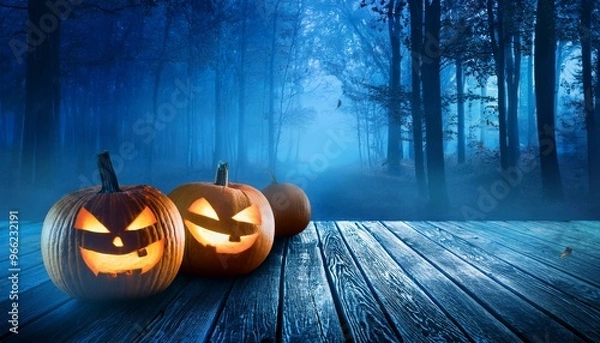 Fototapeta Spooky Halloween Pumpkins Glowing on Wooden Deck in Mysterious Night Forest with Blue Fog and Fallen Leaves, Eerie Fall Atmosphere