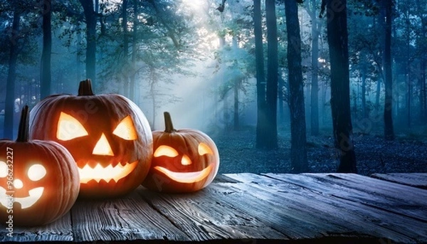 Fototapeta Spooky Halloween Pumpkins with Glowing Faces on Wooden Surface in Enchanted Forest at Night, Eerie Autumn Vibes, Candlelit Jack-O'-Lanterns in Misty Woodland, Perfect For Halloween Themes