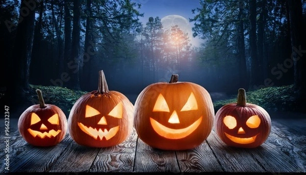 Fototapeta Spooky Halloween Pumpkins with Glowing Faces on Wooden Surface in Enchanted Forest at Night, Eerie Autumn Vibes, Candlelit Jack-O'-Lanterns in Misty Woodland, Perfect For Halloween Themes