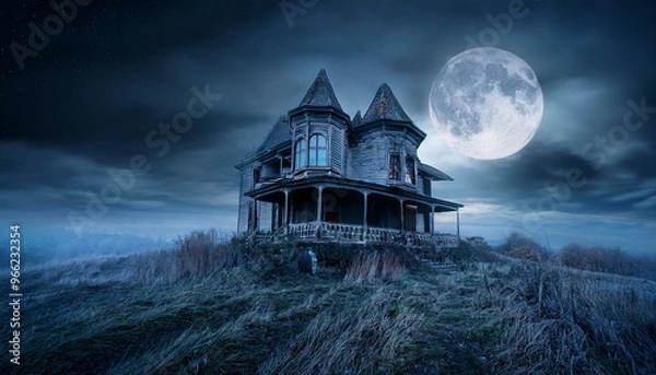 Fototapeta Spooky Haunted House Under Full Moon with Cloudy Night Sky, Eerie Atmosphere, and Dark Shadows for Halloween Themes