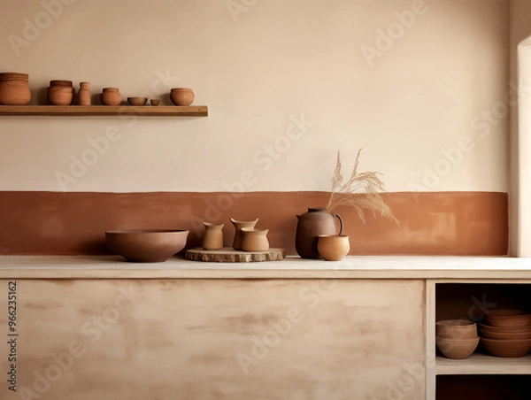 Fototapeta Wabi sabi and japandi japanese style rustic interior in in white, neutral and terracotta with wood, pottery and texture elements