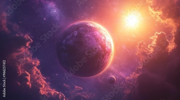 Fototapeta Blue and Pink Planet with Two Suns in Deep Space