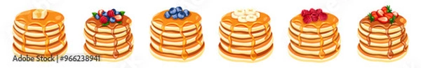 Obraz Set of yummy pancakes covered with chocolate and honey in a cartoon style.Vector illustration of pancakes with berries,butter:blueberries,strawberries,raspberries,bananas isolated on white background.