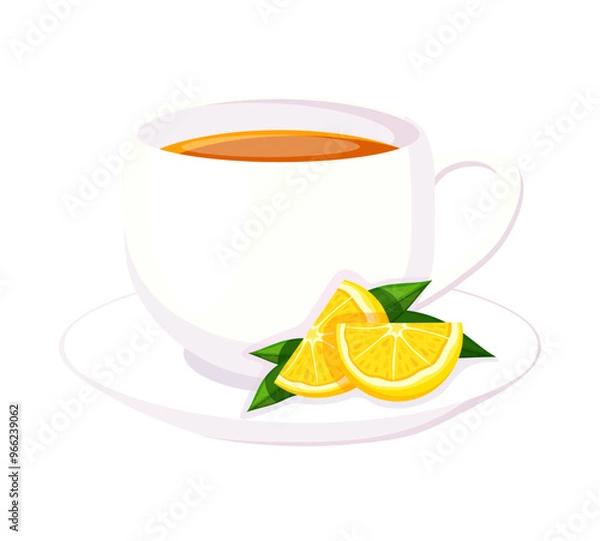 Obraz Cup with tea and lemons in cartoon style. Vector illustration of a white cup with a plate, hot tea, lemon slices with green leaves isolated on a white background. Warming tea. Useful tea.