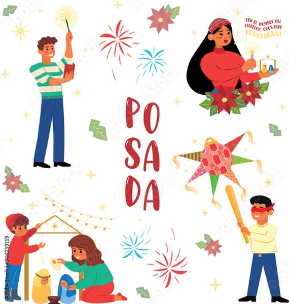 Obraz Ilustración de posada de navidad México, piñata, peregrinos, nacimiento
