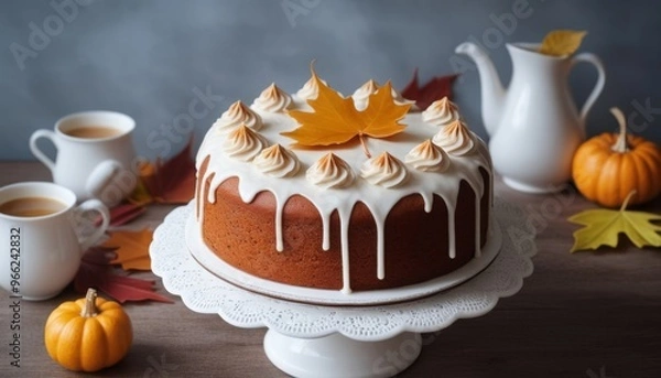 Obraz Pumpkin Cake with White Frosting Decorated with Orange Leaves and Cinnamon Sticks