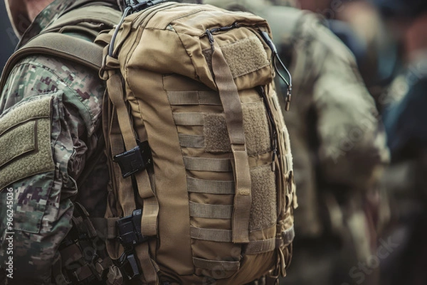 Fototapeta A close up of tactical backpack worn by soldier, showcasing its durable design and military features. backpack is equipped for various missions, reflecting strength and readiness