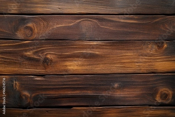 Obraz A rustic and textured image of weathered wooden planks. The planks have a dark brown color and show signs of age, including knots, grain patterns, and slight imperfections. This image conveys a sense 
