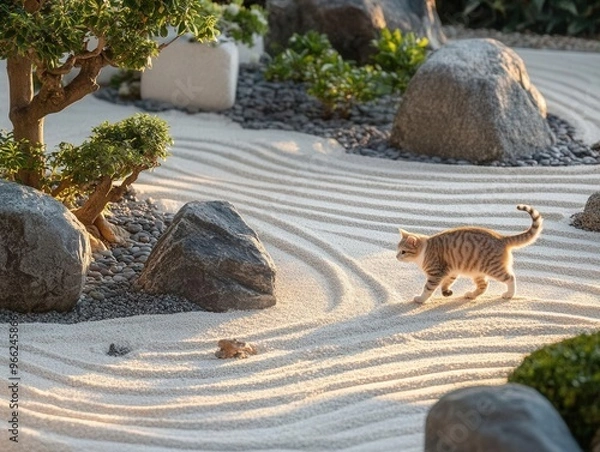 Obraz A peaceful zen garden featuring a curious cat walking along the raked sand
