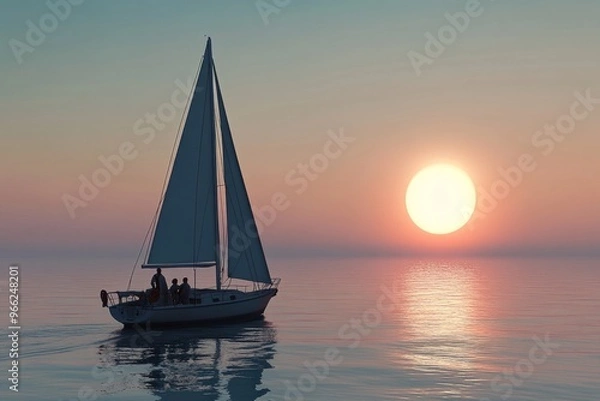 Fototapeta Serene sunset sailing: tranquil scene of sailboat on calm waters at dusk