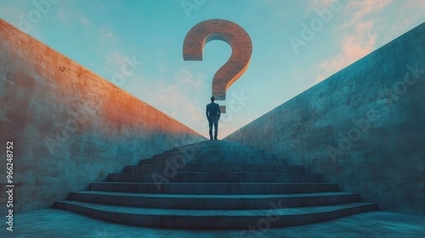 Fototapeta Man Standing on Stairs Facing a Question Mark