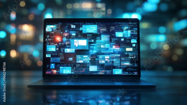 Fototapeta Diverse online content displayed on a modern laptop screen