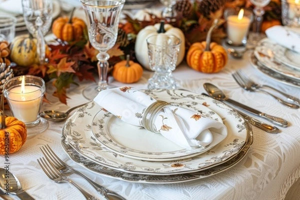 Fototapeta Elegant thanksgiving table setting with autumn decor
