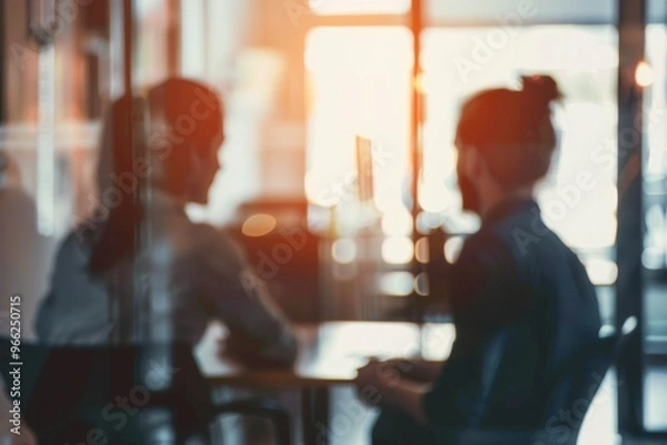 Fototapeta Teaming up to push through towards great success Defocused shot of two businesspeople having a discussion in an office