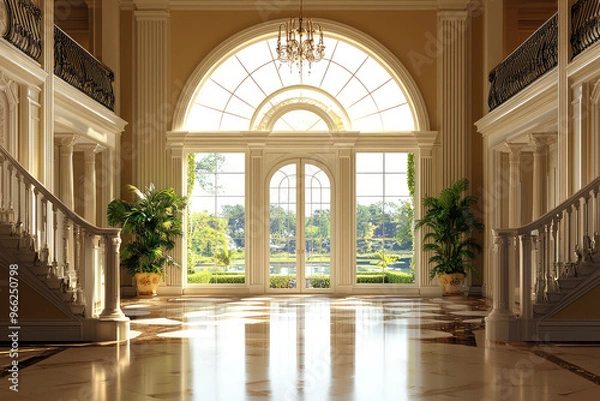 Fototapeta A luxury mansion interior featuring grand foyer with elegant staircases and large windows that offer stunning view of landscaped garden outside. atmosphere is inviting and opulent