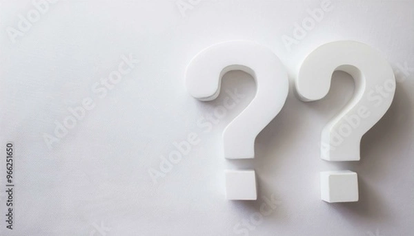 Fototapeta Three white question marks symbol on white floor flat lay top view from above with copy space, question, faq or brainstorming concept