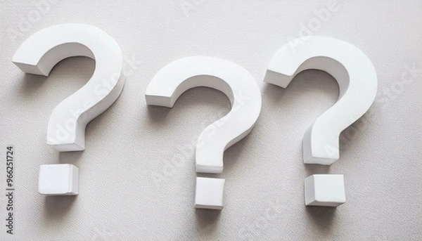 Fototapeta Three white question marks symbol on white floor flat lay top view from above with copy space, question, faq or brainstorming concept