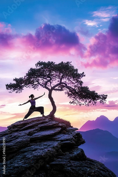 Fototapeta A serene sunset scene of a person practicing yoga beside a majestic tree on a rocky ledge, embodying peace and harmony.