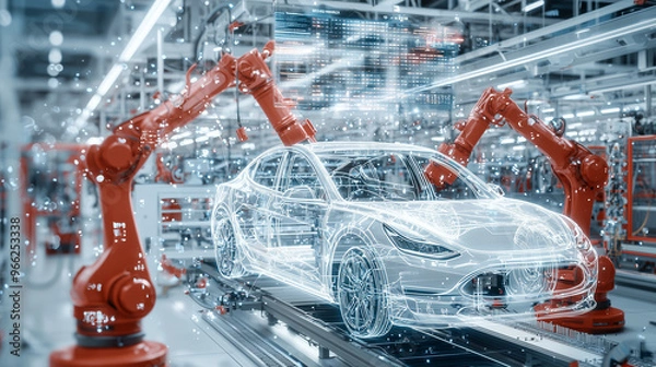 Fototapeta Automated Car Manufacturing: Robots Assemble Vehicle on Assembly Line