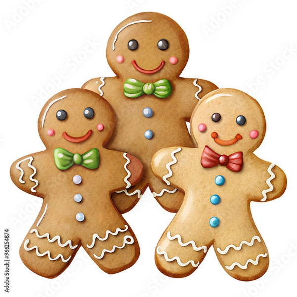 Fototapeta Gingerbread family with smiling faces and bow ties on white background
