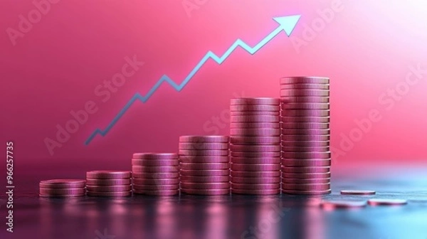 Fototapeta Financial Growth Concept: Coins Stacked in Ascending Order with Upward Arrow