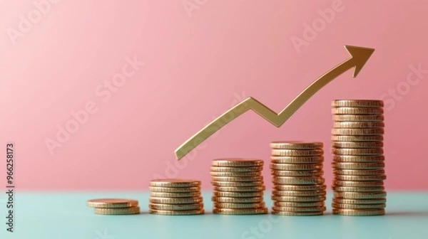 Fototapeta Golden Coins Stacked with Arrow Pointing Upwards: Financial Growth Concept