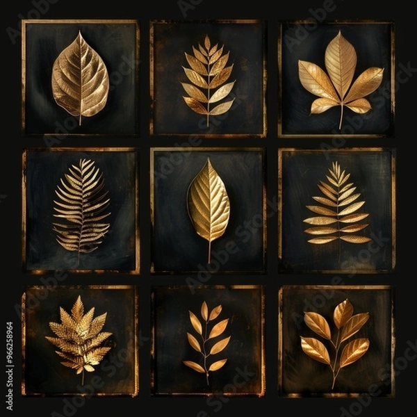 Fototapeta Canvases adorned with golden leaves, showcasing a botanical art design that captures the elegance