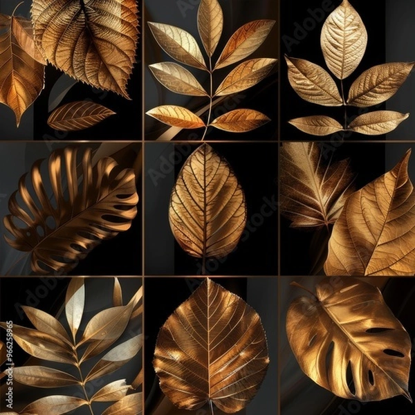 Fototapeta Canvases adorned with golden leaves, showcasing a botanical art design that captures the elegance