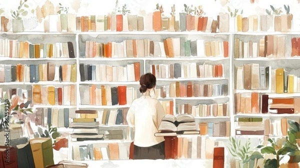Fototapeta A watercolor illustration of a librarian standing in a bookstore, surrounded by shelves filled with books.  The image symbolizes knowledge, learning, and the joy of reading.