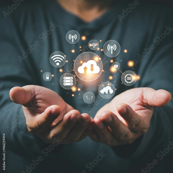 Obraz Hands Holding Cloud Technology, Wi-Fi Icons, Global Connectivity Icons, and Communication Icons