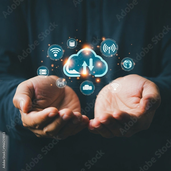 Fototapeta Hands Holding Cloud Technology, Wi-Fi Icons, Global Connectivity Icons, and Communication Icons