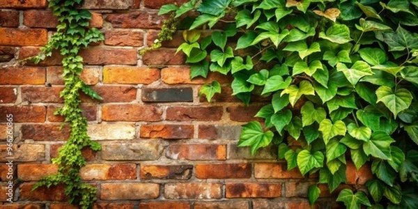 Fototapeta Rustic, weathered corner of a brick wall with faded mortar, cracked bricks, and ivy tendrils crawling up, surrounded
