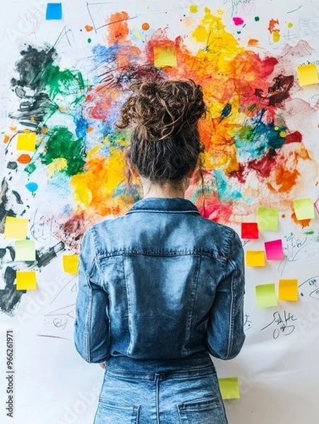 Fototapeta A woman stands in front of a wall covered in colorful paint splatters and sticky notes, symbolizing brainstorming, creativity, and idea generation. She is wearing a denim jacket, suggesting a casual a